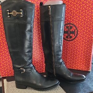 Tory Burch Black Leather Knee-High Riding Boots with Gold Hardware